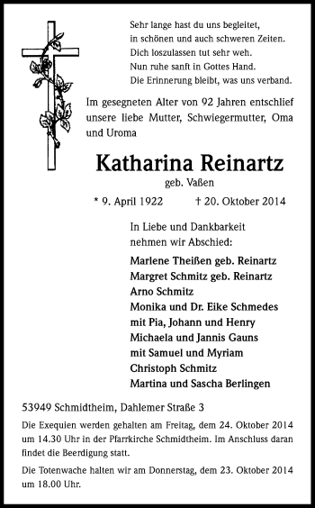 Anzeige von Katharina Reinartz von Kölner Stadt-Anzeiger / Kölnische Rundschau / Express
