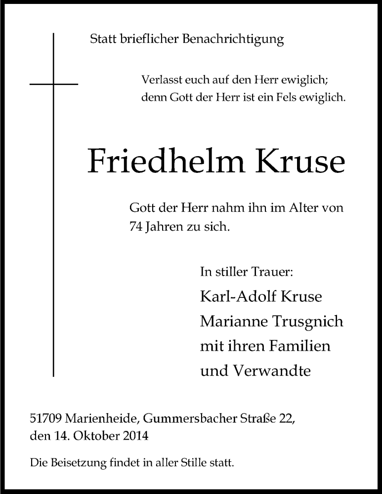  Traueranzeige für Friedhelm Kruse vom 22.10.2014 aus Kölner Stadt-Anzeiger / Kölnische Rundschau / Express
