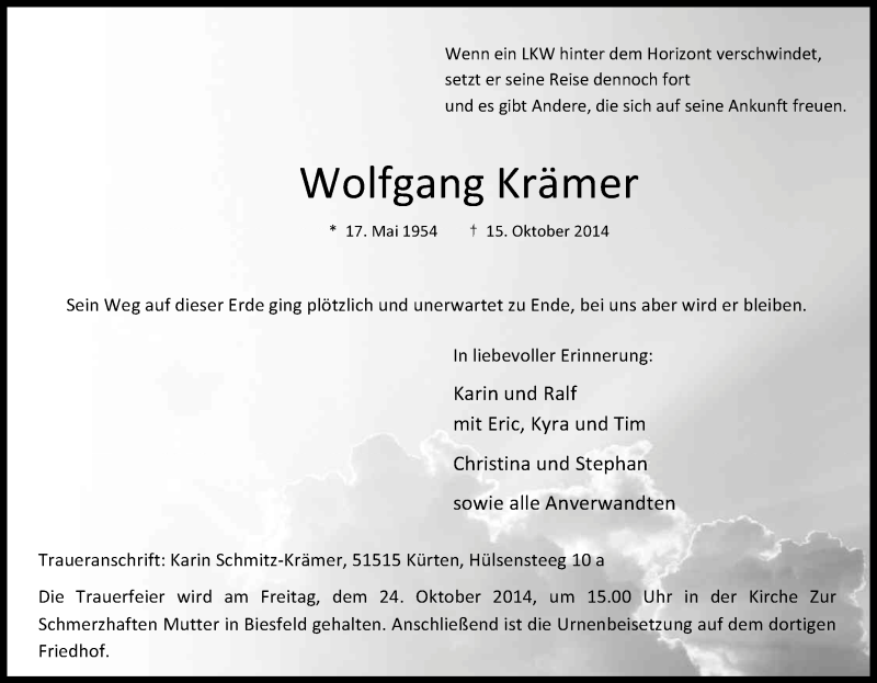  Traueranzeige für Wolfgang Krämer vom 22.10.2014 aus Kölner Stadt-Anzeiger / Kölnische Rundschau / Express