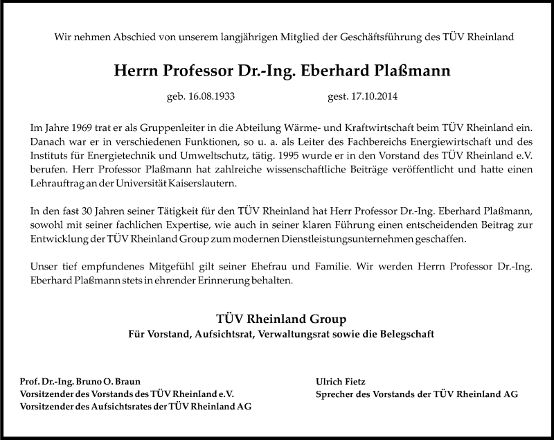  Traueranzeige für Eberhard Plaßmann vom 22.10.2014 aus Kölner Stadt-Anzeiger / Kölnische Rundschau / Express