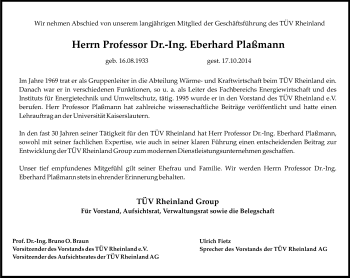 Anzeige von Eberhard Plaßmann von Kölner Stadt-Anzeiger / Kölnische Rundschau / Express