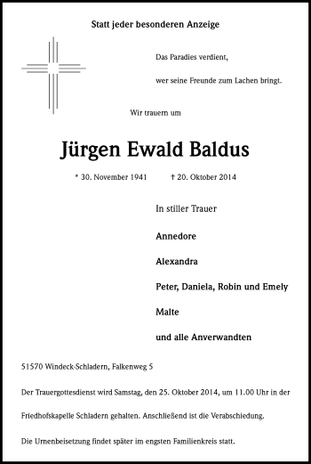 Anzeige von Jürgen Ewald Baldus von Kölner Stadt-Anzeiger / Kölnische Rundschau / Express
