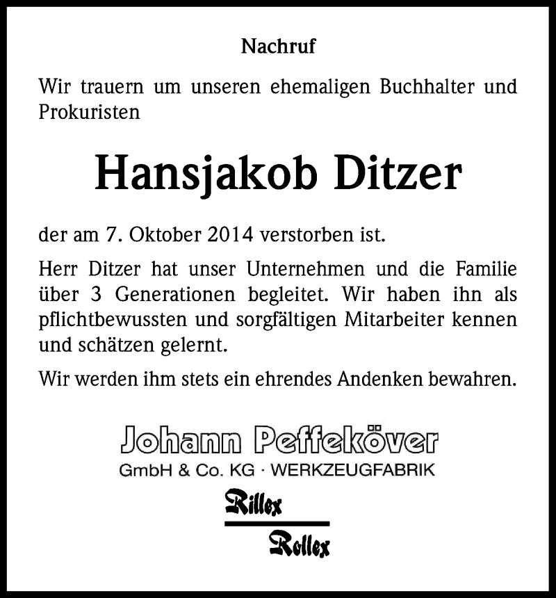  Traueranzeige für Hansjakob Ditzer vom 25.10.2014 aus Kölner Stadt-Anzeiger / Kölnische Rundschau / Express