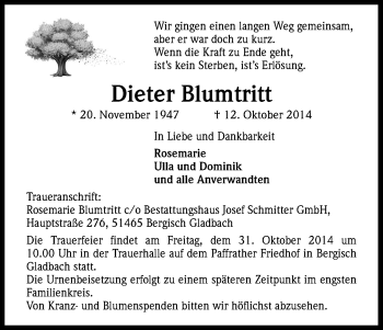 Anzeige von Dieter Blumtritt von Kölner Stadt-Anzeiger / Kölnische Rundschau / Express