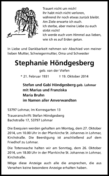Anzeige von Stephanie Höndgesberg von Kölner Stadt-Anzeiger / Kölnische Rundschau / Express