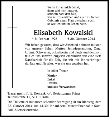Anzeige von Elisabeth Kowalski von Kölner Stadt-Anzeiger / Kölnische Rundschau / Express