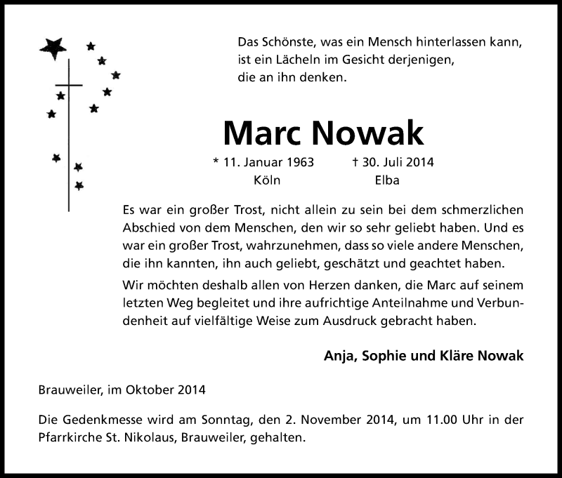  Traueranzeige für Marc Nowak vom 25.10.2014 aus Kölner Stadt-Anzeiger / Kölnische Rundschau / Express