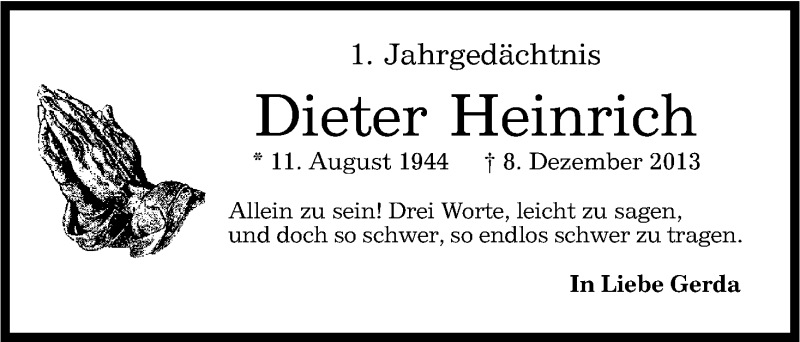  Traueranzeige für Dieter Heinrich vom 08.12.2014 aus Kölner Stadt-Anzeiger / Kölnische Rundschau / Express