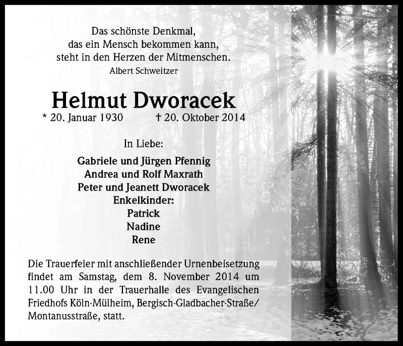  Traueranzeige für Helmut Dworacek vom 01.11.2014 aus Kölner Stadt-Anzeiger / Kölnische Rundschau / Express