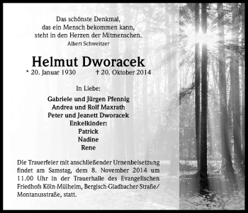 Anzeige von Helmut Dworacek von Kölner Stadt-Anzeiger / Kölnische Rundschau / Express