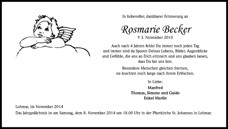  Traueranzeige für Rosmarie Becker vom 04.11.2014 aus Kölner Stadt-Anzeiger / Kölnische Rundschau / Express