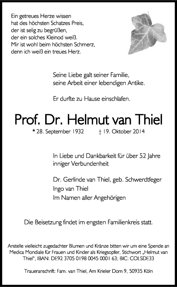 Traueranzeige für Helmut van Thiel vom 25.10.2014 aus Kölner Stadt-Anzeiger / Kölnische Rundschau / Express