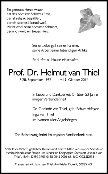 Anzeige von Helmut van Thiel von Kölner Stadt-Anzeiger / Kölnische Rundschau / Express