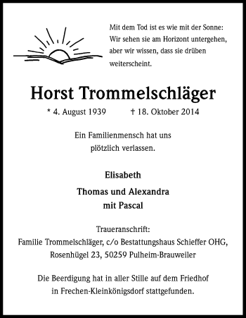 Anzeige von Horst Trommelschläger von Kölner Stadt-Anzeiger / Kölnische Rundschau / Express