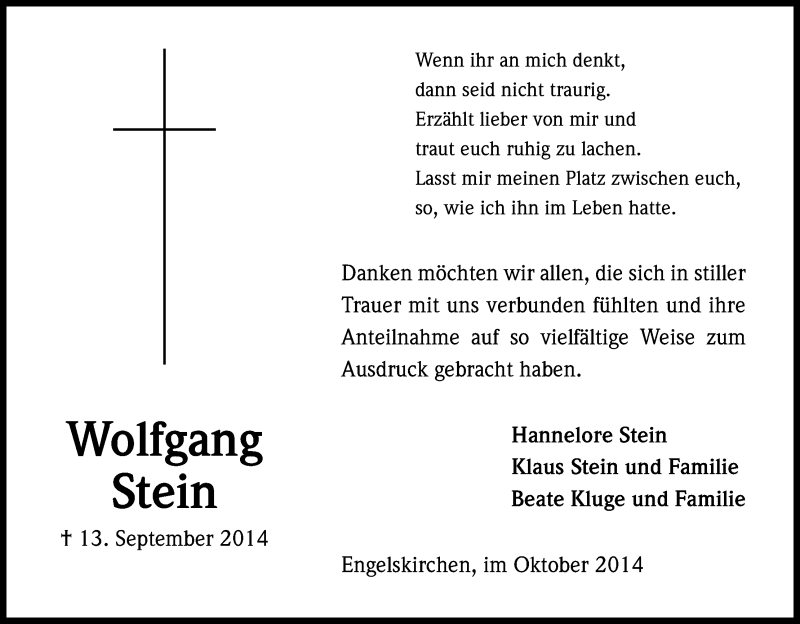  Traueranzeige für Wolfgang Stein vom 25.10.2014 aus Kölner Stadt-Anzeiger / Kölnische Rundschau / Express