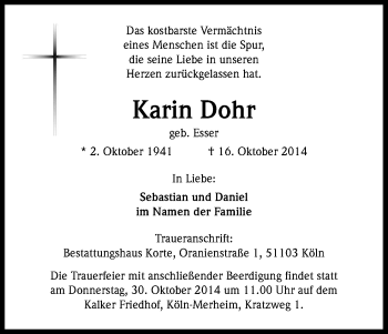 Anzeige von Karin Dohr von Kölner Stadt-Anzeiger / Kölnische Rundschau / Express