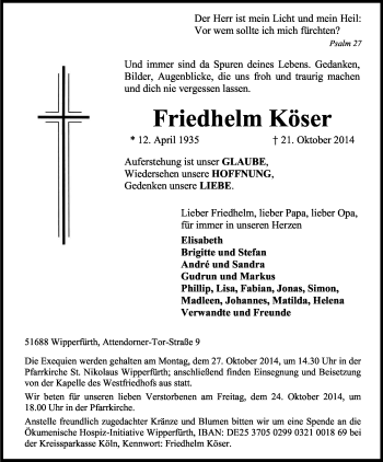 Anzeige von Friedhelm Köser von Kölner Stadt-Anzeiger / Kölnische Rundschau / Express