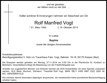 Anzeige von Rolf Manfred Vogt von Kölner Stadt-Anzeiger / Kölnische Rundschau / Express