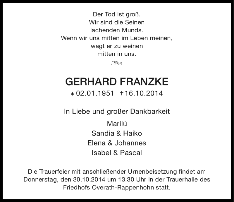  Traueranzeige für Gerhard Franzke vom 24.10.2014 aus Kölner Stadt-Anzeiger / Kölnische Rundschau / Express