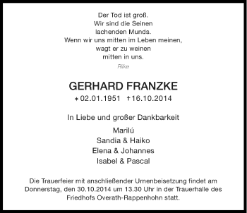 Anzeige von Gerhard Franzke von Kölner Stadt-Anzeiger / Kölnische Rundschau / Express