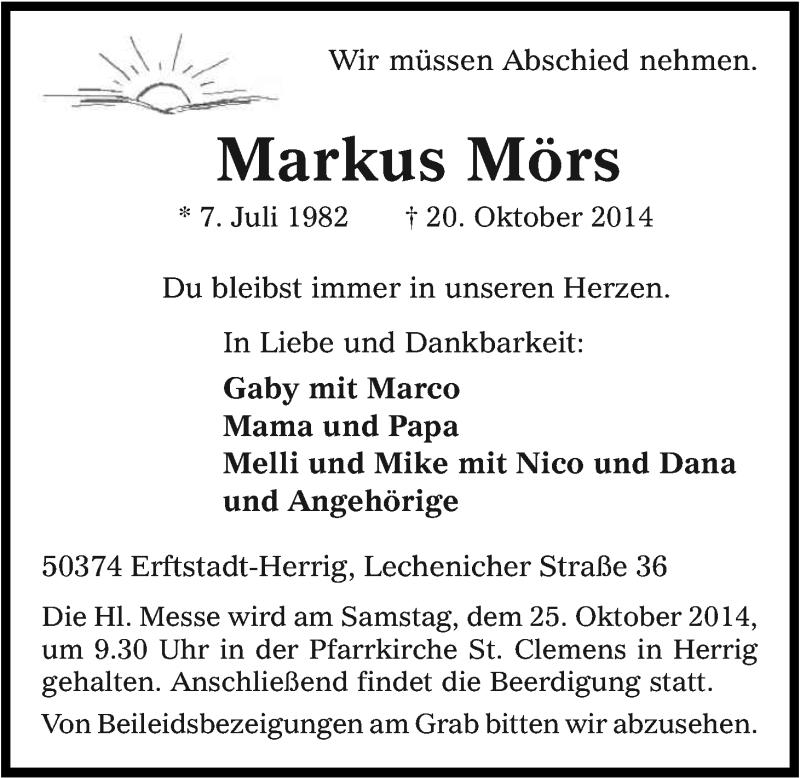  Traueranzeige für Markus Mörs vom 23.10.2014 aus Kölner Stadt-Anzeiger / Kölnische Rundschau / Express