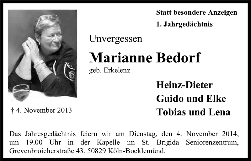  Traueranzeige für Marianne Bedorf vom 25.10.2014 aus Kölner Stadt-Anzeiger / Kölnische Rundschau / Express