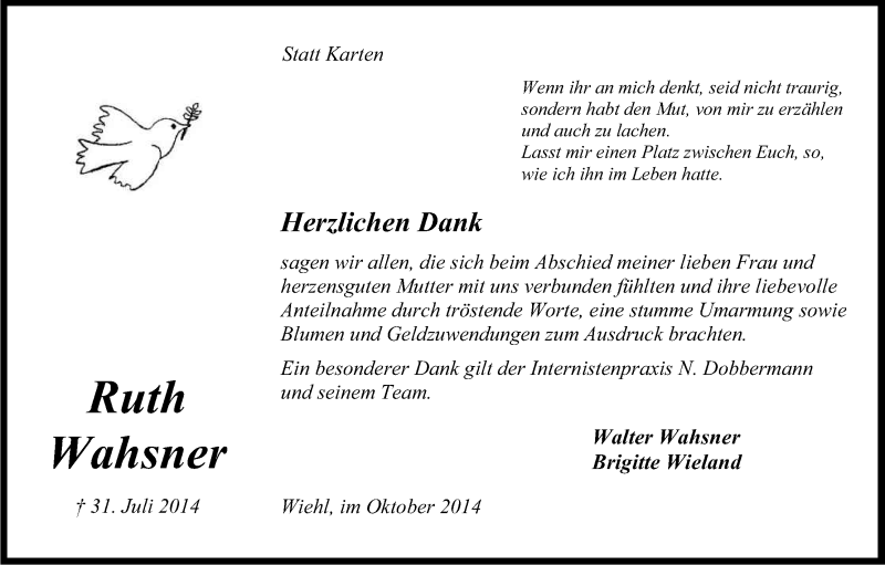 Traueranzeige für Ruth Wahsner vom 25.10.2014 aus Kölner Stadt-Anzeiger / Kölnische Rundschau / Express
