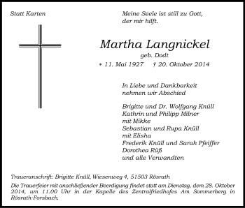 Anzeige von Martha Langnickel von Kölner Stadt-Anzeiger / Kölnische Rundschau / Express