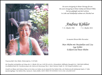 Anzeige von Andrea Köhler von Kölner Stadt-Anzeiger / Kölnische Rundschau / Express