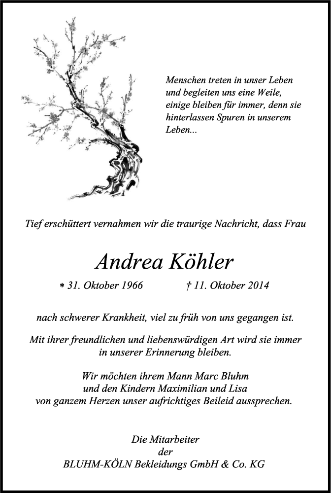  Traueranzeige für Andrea Köhler vom 18.07.2023 aus Kölner Stadt-Anzeiger / Kölnische Rundschau / Express