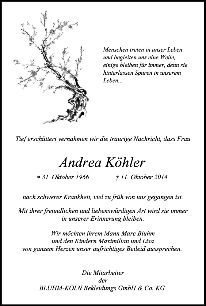  Traueranzeige für Andrea Köhler vom 25.10.2014 aus Kölner Stadt-Anzeiger / Kölnische Rundschau / Express