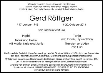 Anzeige von Gerd Röttgen von Kölner Stadt-Anzeiger / Kölnische Rundschau / Express
