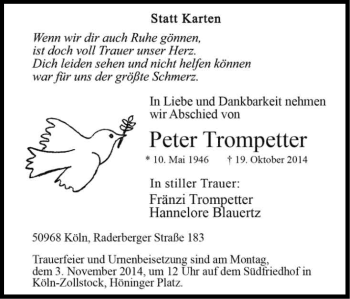 Anzeige von Peter Trompetter von Kölner Stadt-Anzeiger / Kölnische Rundschau / Express