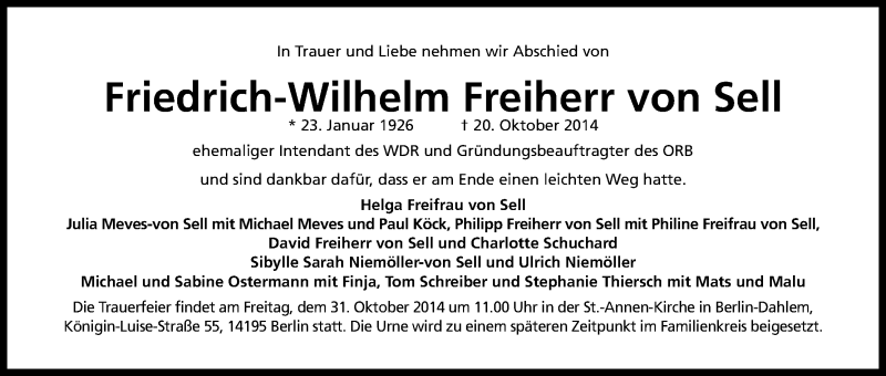  Traueranzeige für Friedrich-Wilhelm  Freiherr von Sell vom 25.10.2014 aus Kölner Stadt-Anzeiger / Kölnische Rundschau / Express