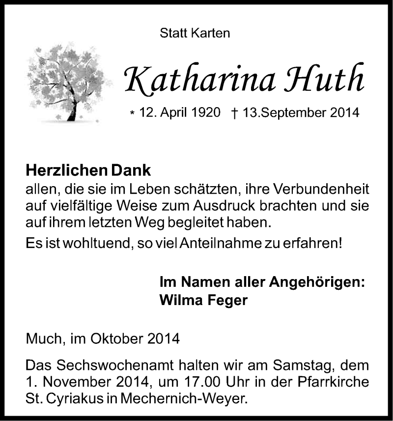  Traueranzeige für Katharina Huth vom 24.10.2014 aus Kölner Stadt-Anzeiger / Kölnische Rundschau / Express