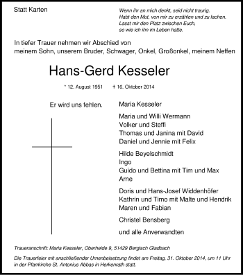 Anzeige von Hans-Gerd Kesseler von Kölner Stadt-Anzeiger / Kölnische Rundschau / Express