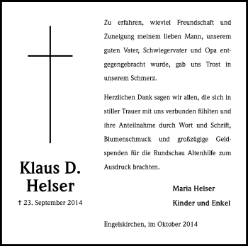 Anzeige von Klaus D Helser von Kölner Stadt-Anzeiger / Kölnische Rundschau / Express