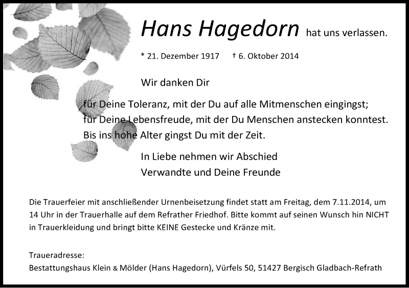  Traueranzeige für Hans Hagedorn vom 25.10.2014 aus Kölner Stadt-Anzeiger / Kölnische Rundschau / Express