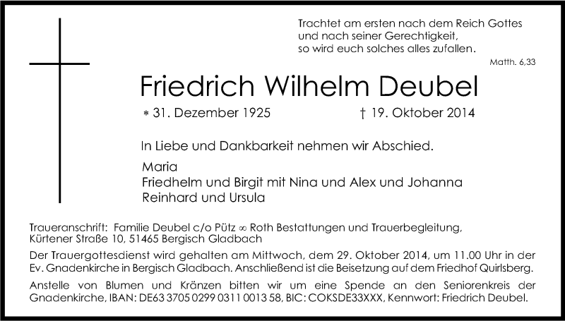  Traueranzeige für Friedrich Wilhelm Deubel vom 25.10.2014 aus Kölner Stadt-Anzeiger / Kölnische Rundschau / Express