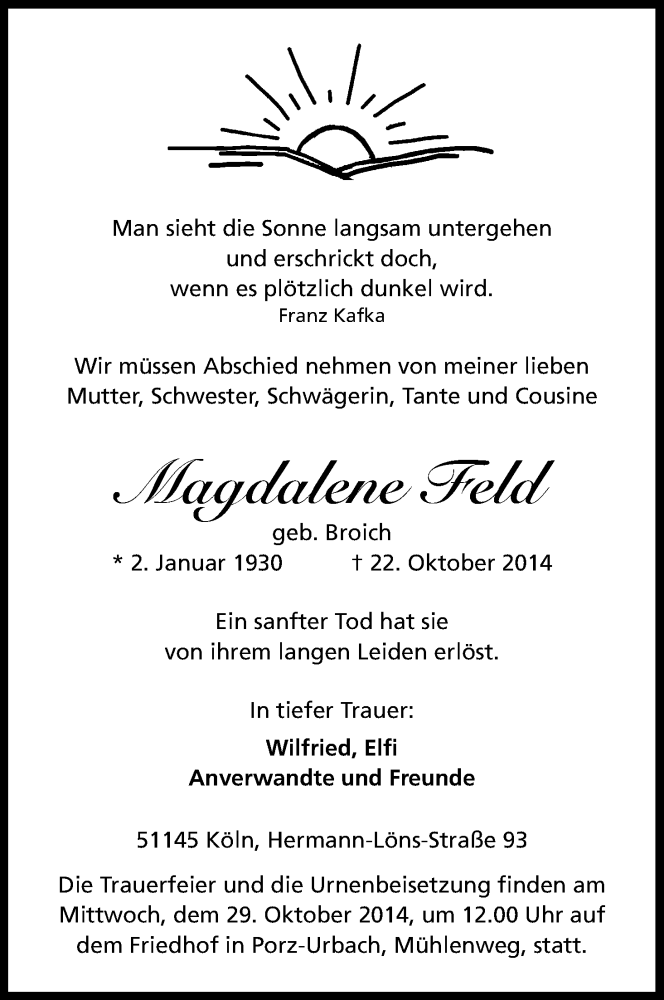  Traueranzeige für Magdalene Feld vom 25.10.2014 aus Kölner Stadt-Anzeiger / Kölnische Rundschau / Express