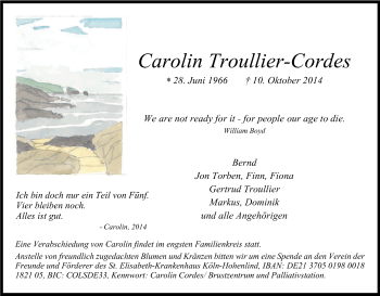 Anzeige von Carolin  Troullier-Cordes von Kölner Stadt-Anzeiger / Kölnische Rundschau / Express