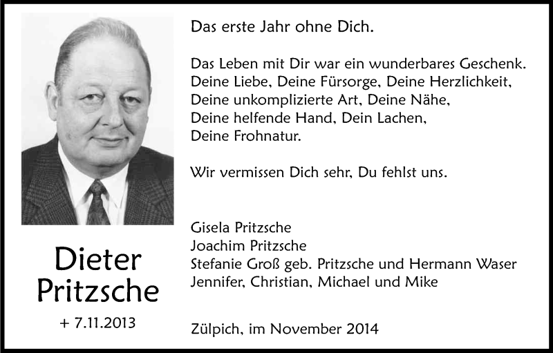  Traueranzeige für Dieter Pritzsche vom 07.11.2014 aus Kölner Stadt-Anzeiger / Kölnische Rundschau / Express