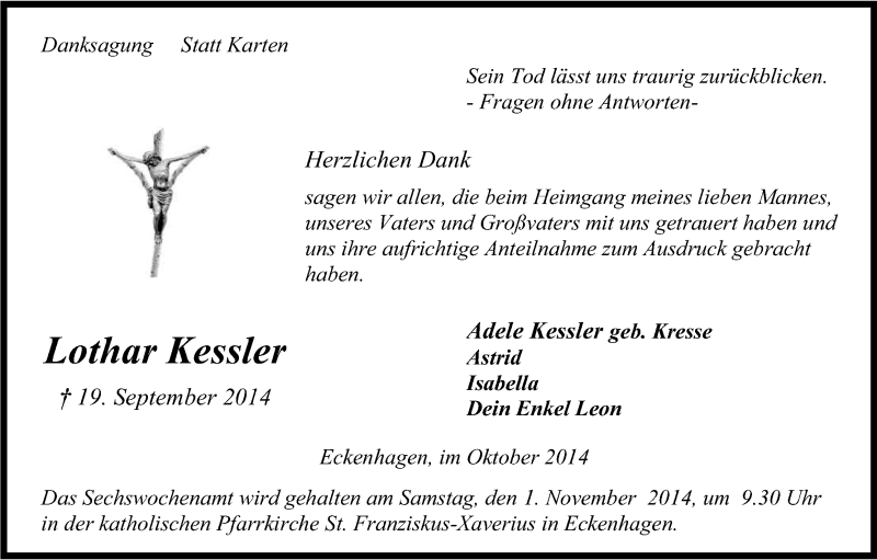  Traueranzeige für Lothar Kessler vom 25.10.2014 aus Kölner Stadt-Anzeiger / Kölnische Rundschau / Express