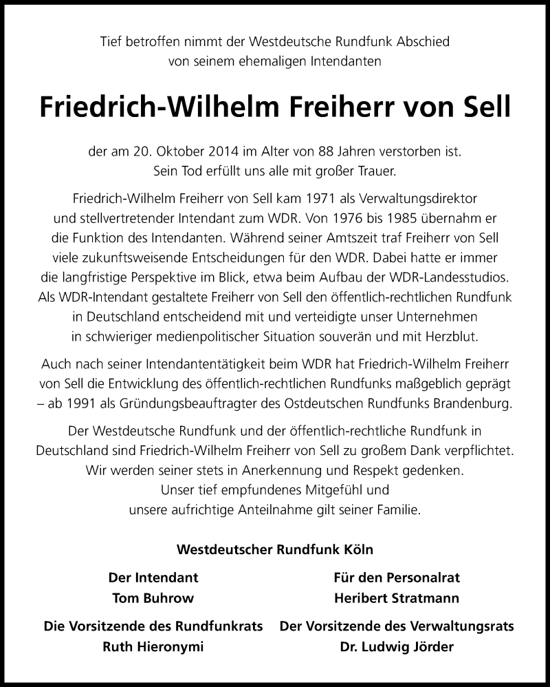  Traueranzeige für Friedrich-Wilhelm  Freiherr von Sell vom 25.10.2014 aus Kölner Stadt-Anzeiger / Kölnische Rundschau / Express