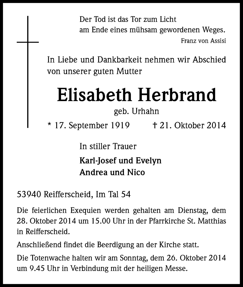  Traueranzeige für Elisabeth Herbrand vom 24.10.2014 aus Kölner Stadt-Anzeiger / Kölnische Rundschau / Express