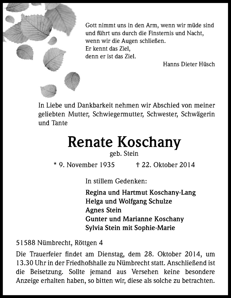  Traueranzeige für Renate Koschany vom 24.10.2014 aus Kölner Stadt-Anzeiger / Kölnische Rundschau / Express