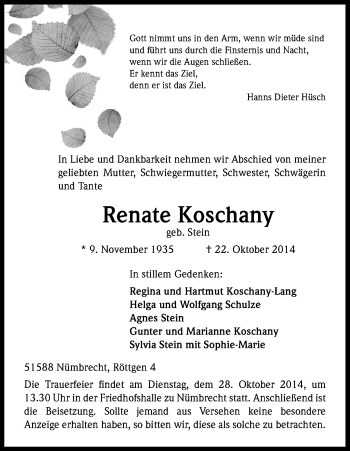 Anzeige von Renate Koschany von Kölner Stadt-Anzeiger / Kölnische Rundschau / Express