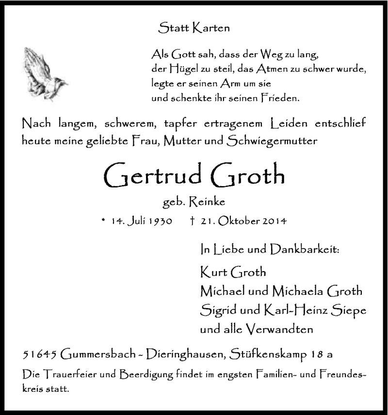  Traueranzeige für Gertrud Groth vom 24.10.2014 aus Kölner Stadt-Anzeiger / Kölnische Rundschau / Express