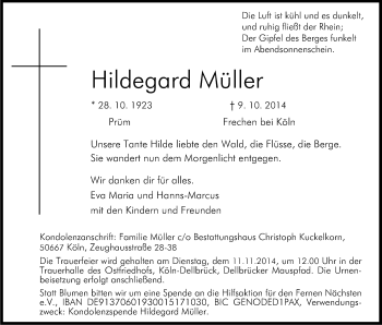 Anzeige von Hildegard Müller von Kölner Stadt-Anzeiger / Kölnische Rundschau / Express