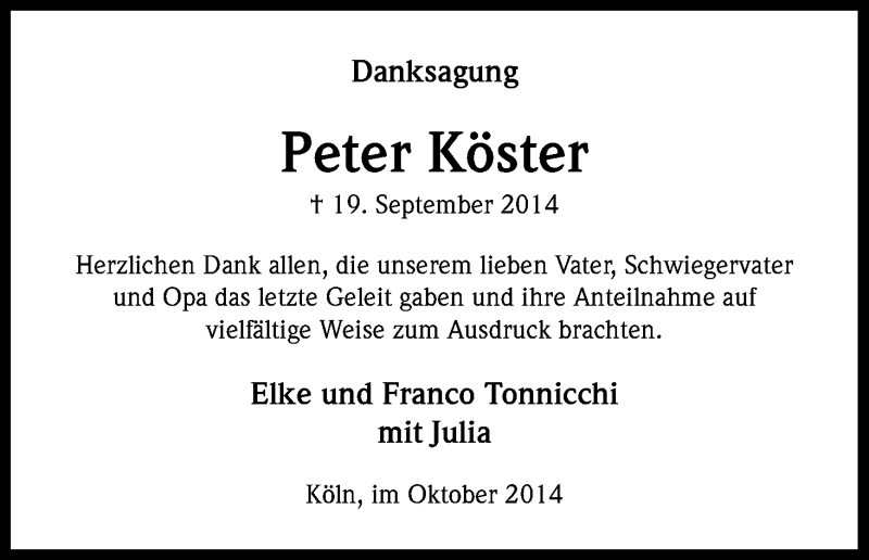  Traueranzeige für Peter Köster vom 25.10.2014 aus Kölner Stadt-Anzeiger / Kölnische Rundschau / Express
